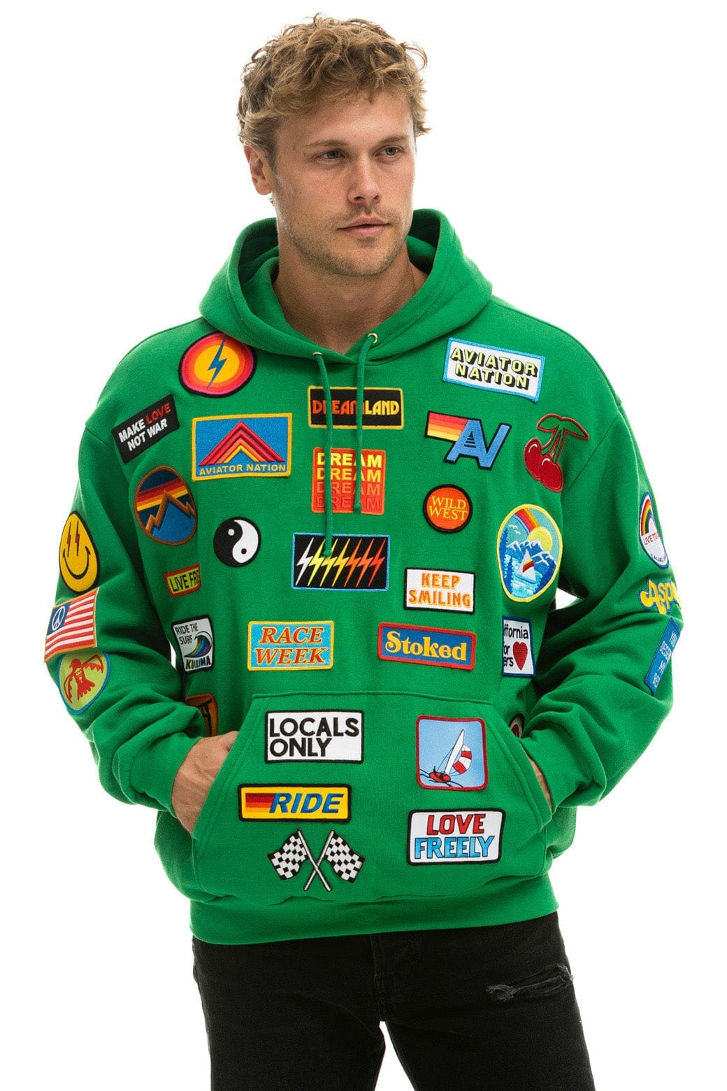 Retro VINTAGE PATCH RELAXED PULLOVER HOODIE- KELLY GREEN
