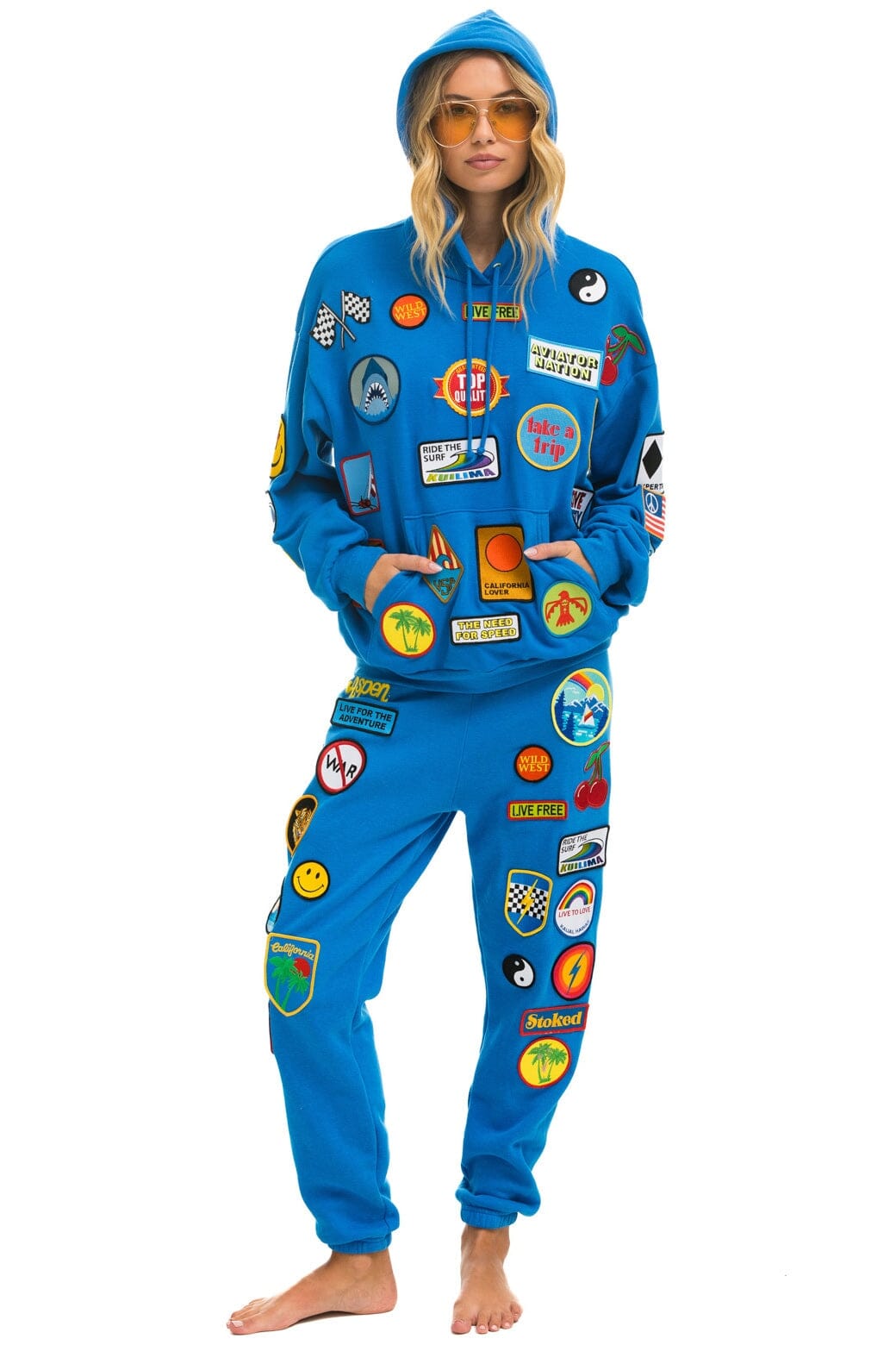 Retro VINTAGE PATCH RELAXED PULLOVER HOODIE- OCEAN