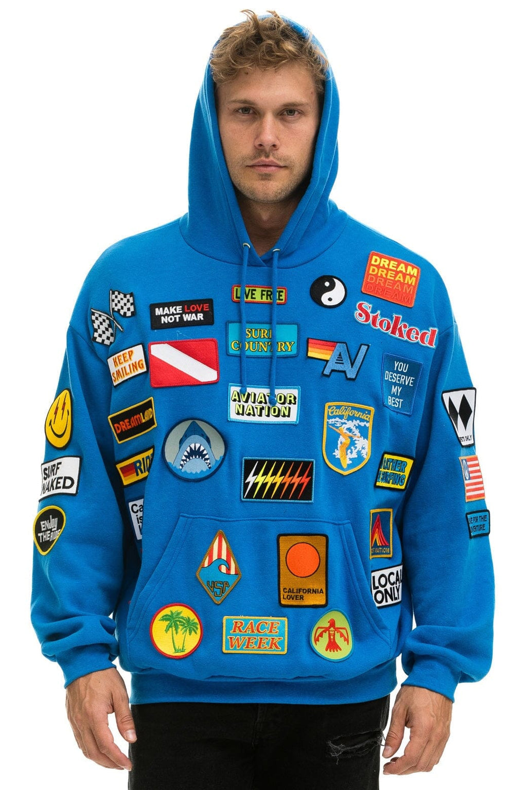 Retro VINTAGE PATCH RELAXED PULLOVER HOODIE- OCEAN