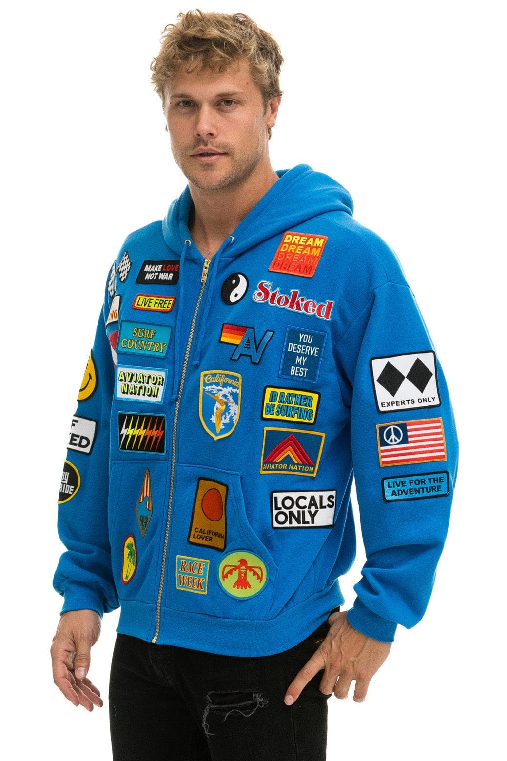 Retro VINTAGE PATCH ZIP HOODIE RELAXED - OCEAN