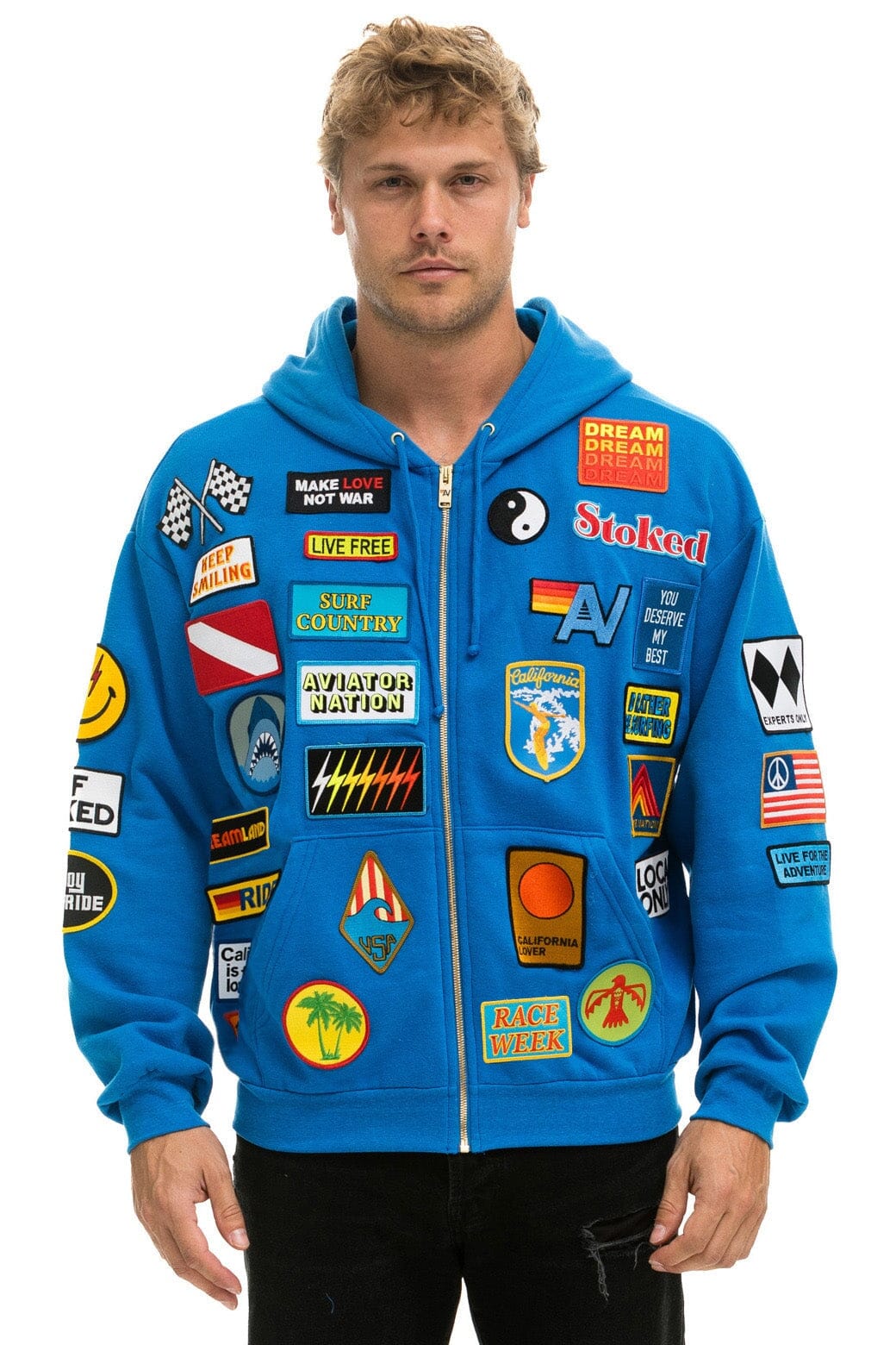 Retro VINTAGE PATCH ZIP HOODIE RELAXED - OCEAN