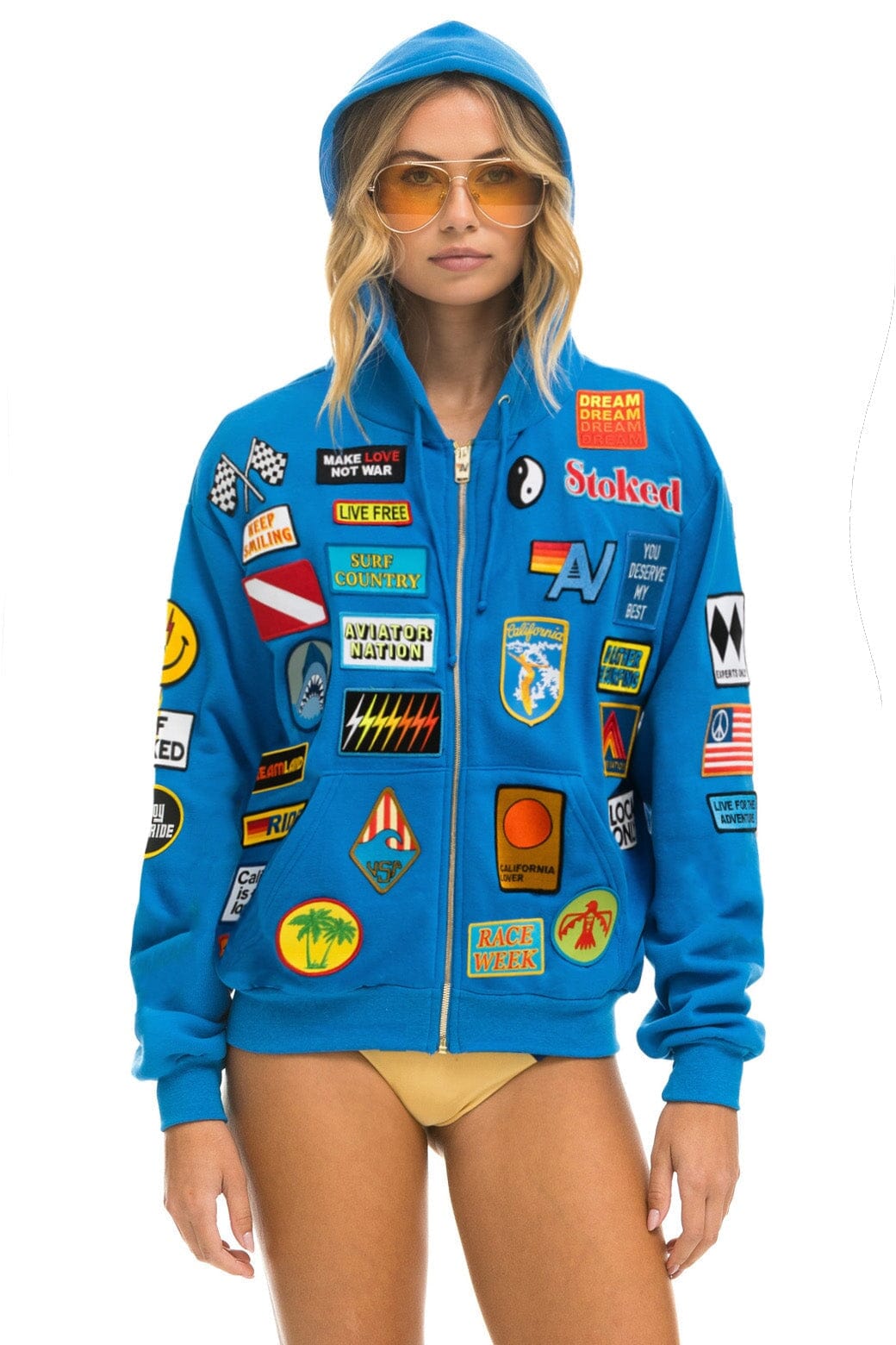 Retro VINTAGE PATCH ZIP HOODIE RELAXED - OCEAN