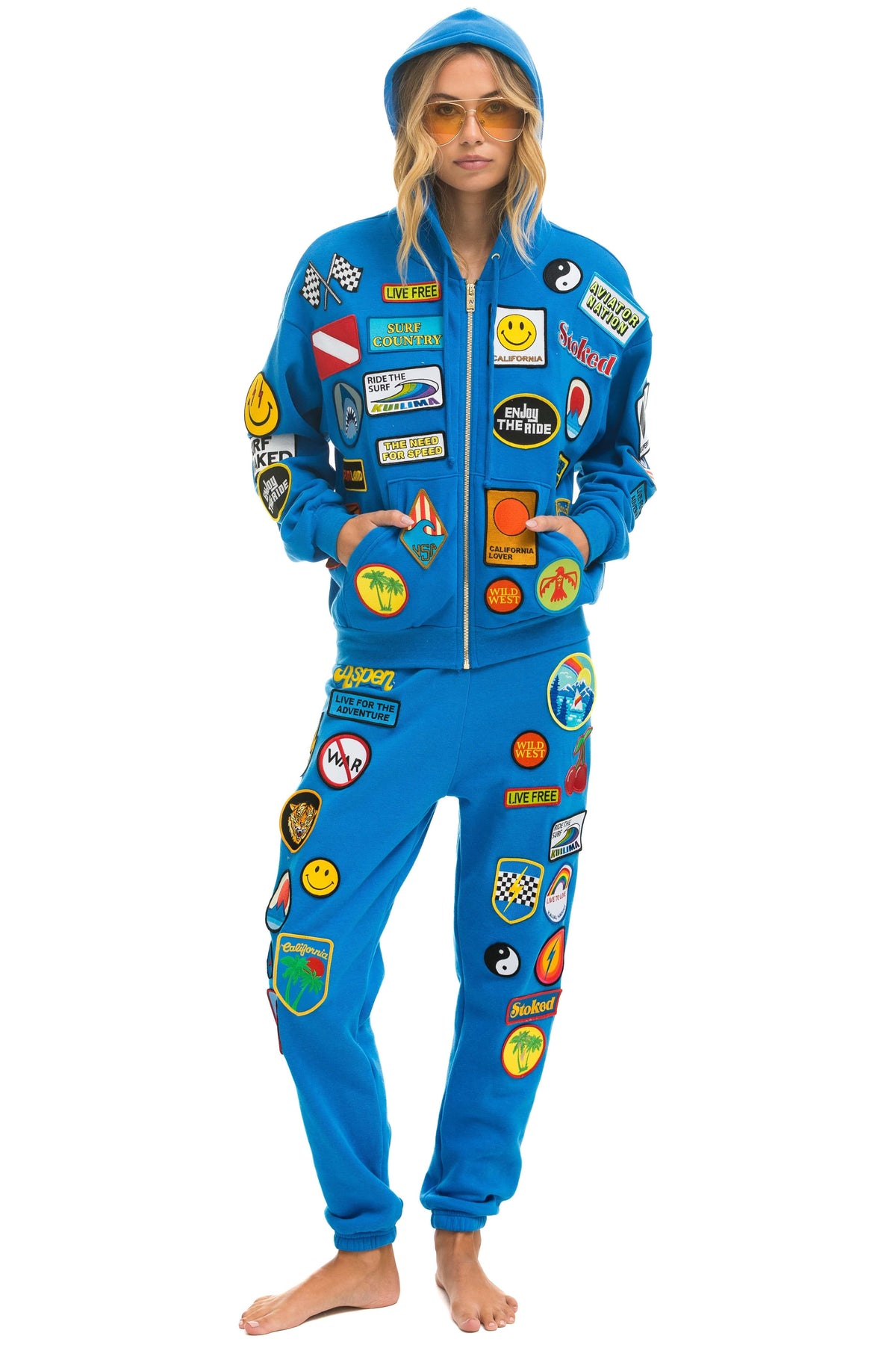 Retro VINTAGE PATCH ZIP HOODIE RELAXED - OCEAN