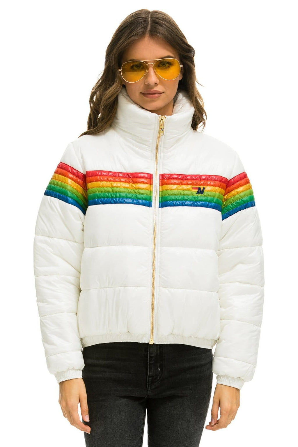 Retro 6 STRIPE LUXE APRES PUFFER JACKET - GLOSSY WHITE
