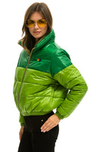 Retro COLOR BLOCK HALF AND HALF APRES PUFFER JACKET - AMAZON GLOSSY