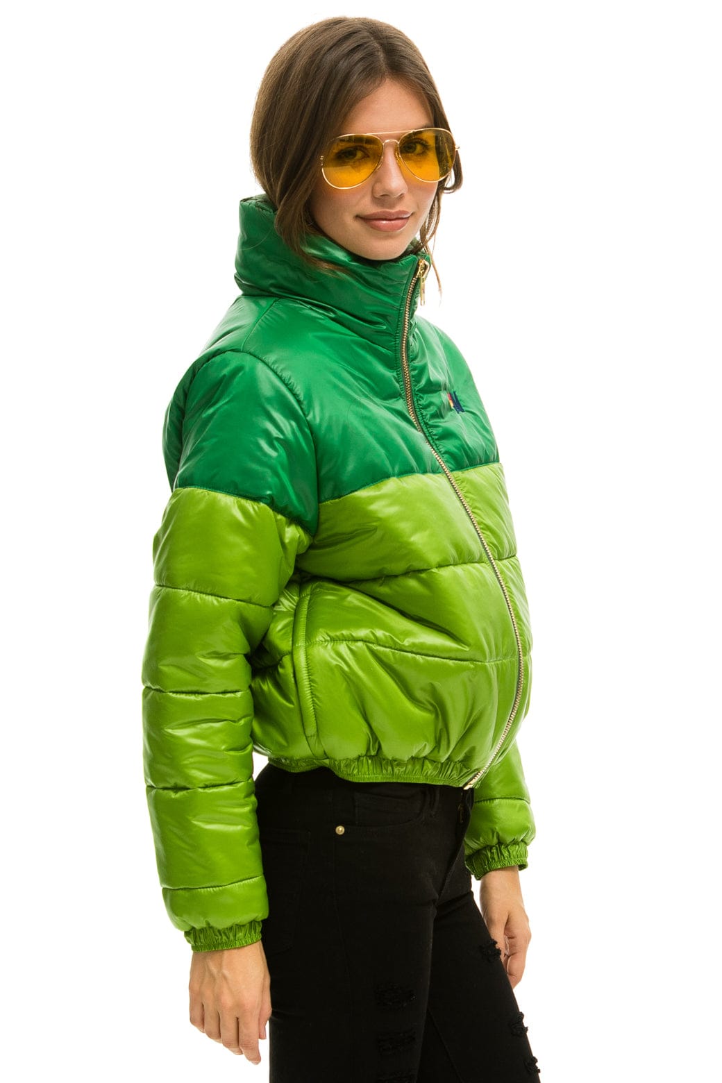 Retro COLOR BLOCK HALF AND HALF APRES PUFFER JACKET - AMAZON GLOSSY