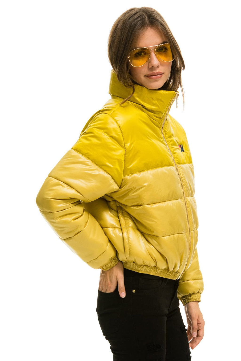 Retro COLOR BLOCK HALF AND HALF APRES PUFFER JACKET - HONEY GLOSSY