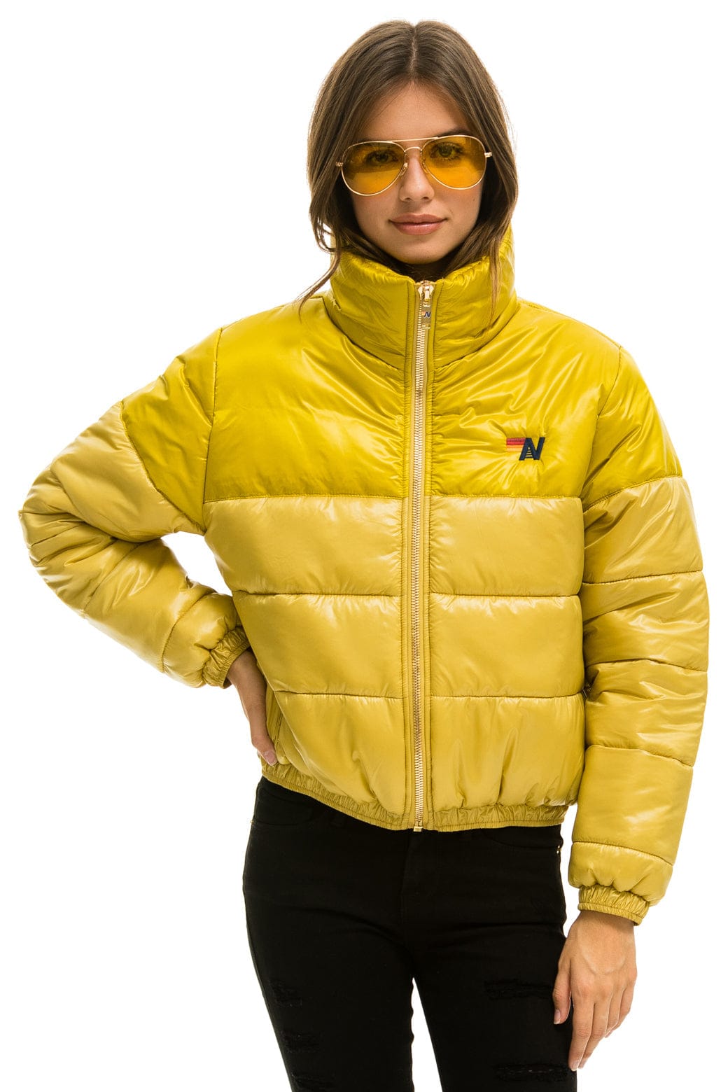 Retro COLOR BLOCK HALF AND HALF APRES PUFFER JACKET - HONEY GLOSSY