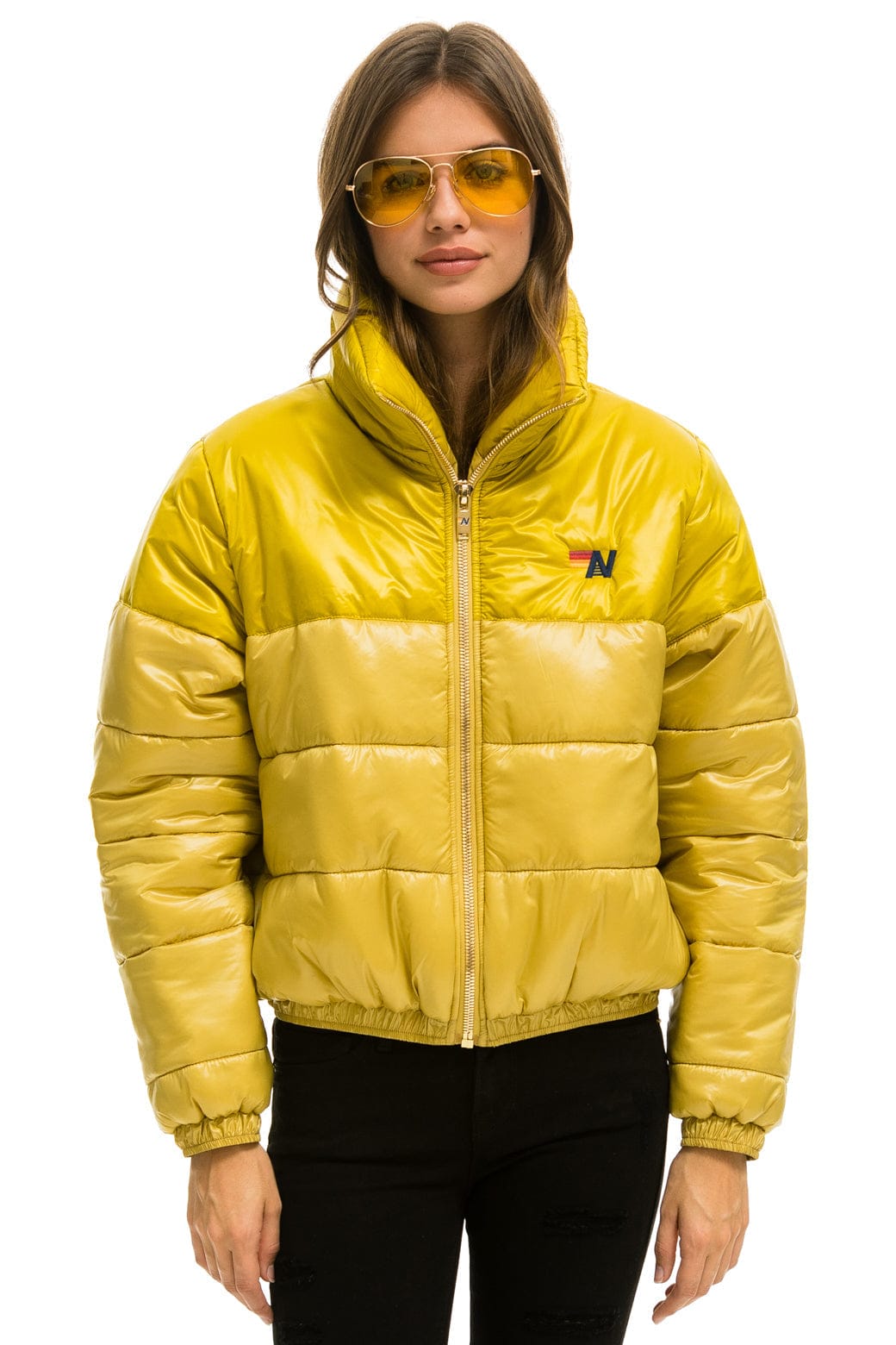 Retro COLOR BLOCK HALF AND HALF APRES PUFFER JACKET - HONEY GLOSSY