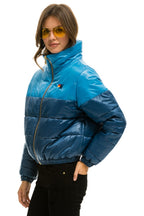 Retro COLOR BLOCK HALF AND HALF APRES PUFFER JACKET - OCEAN GLOSSY