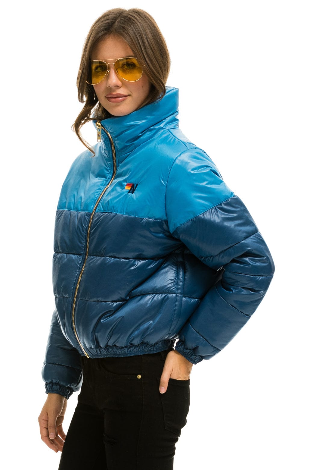 Retro COLOR BLOCK HALF AND HALF APRES PUFFER JACKET - OCEAN GLOSSY