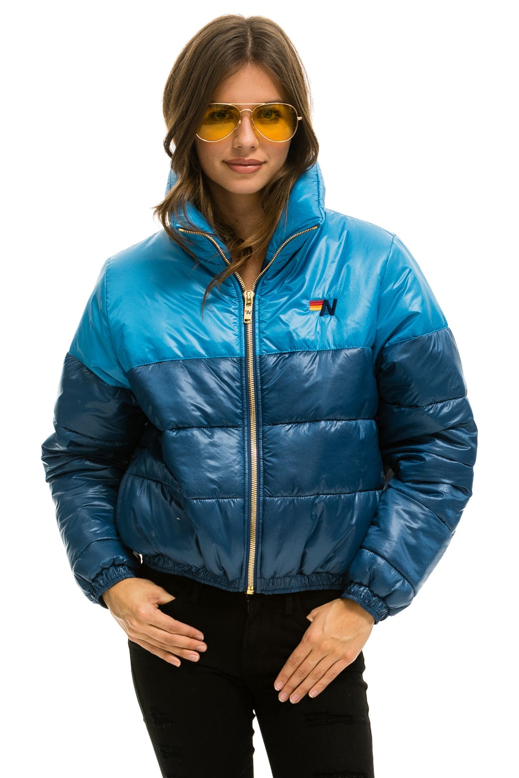Retro COLOR BLOCK HALF AND HALF APRES PUFFER JACKET - OCEAN GLOSSY