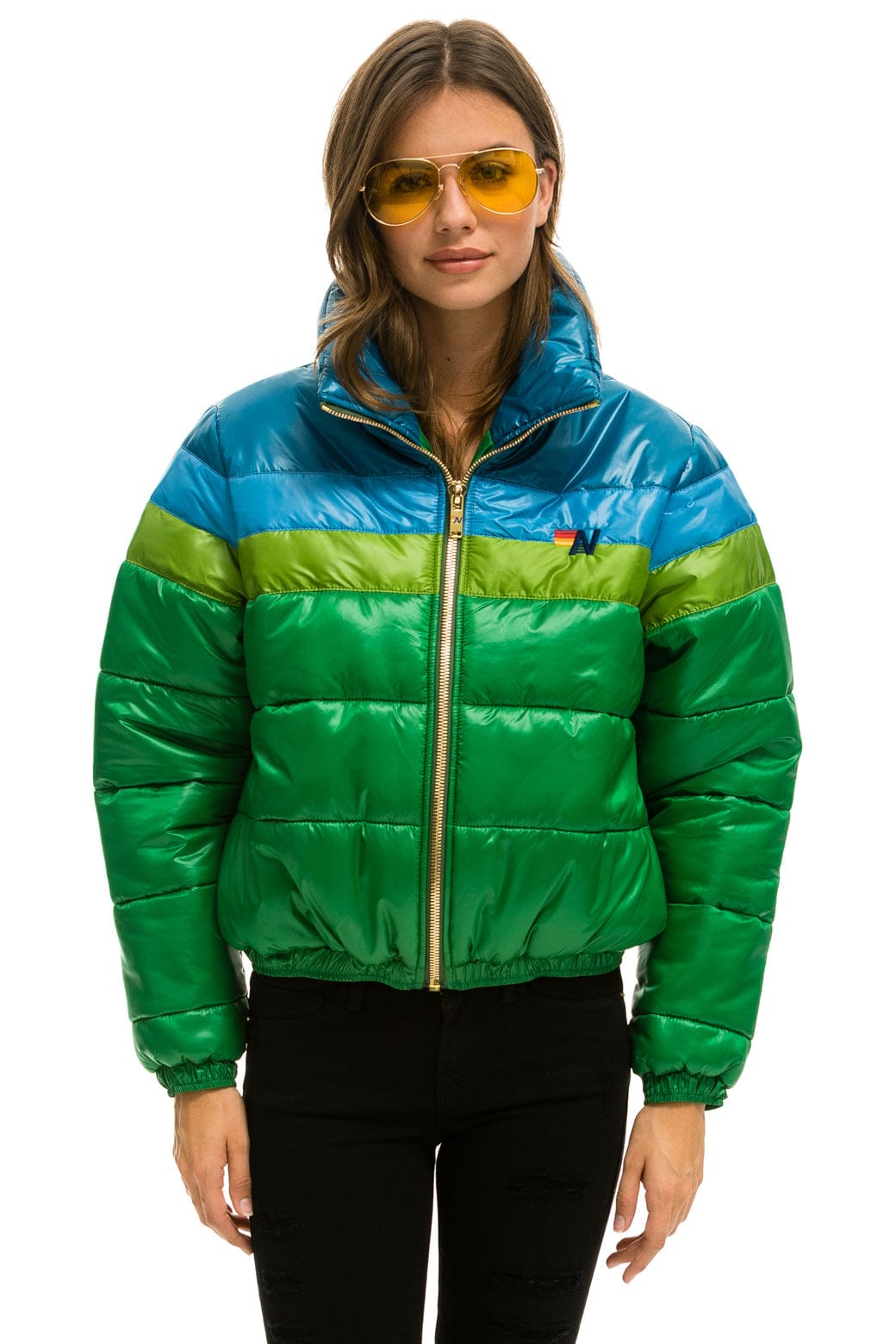 Retro COLOR BLOCK LUXE APRES PUFFER JACKET - AMAZON GLOSSY
