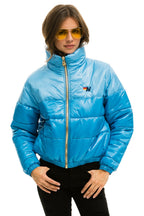 Retro COLOR BLOCK HALF AND HALF APRES PUFFER JACKET - SKY GLOSSY